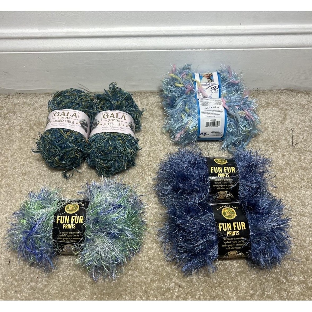 7 Skein LOT Blue/Green Eyelash Yarn: Lion Brand, Gala, Multicraft - 1.75oz ea